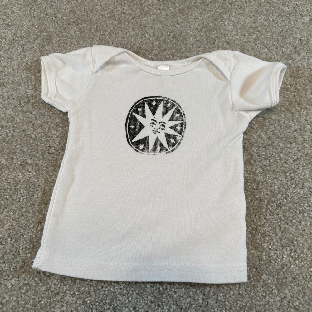 Hand Printed Linocut Kids Sun Star Celestial Graphic Tee White 12-18 Months USA